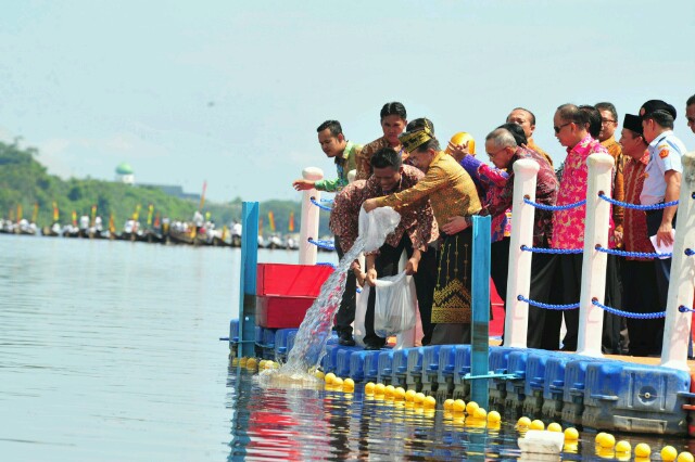 Wakil Presiden RI didampingi menteri, Gubernur Riau, dan Bupati saat menabur ikan patin ke sungai Siak